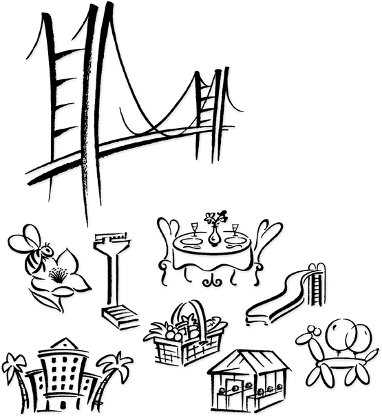 Golden Gate Bridge | Spot | Brush Illustration | Honey Bee, Scale, Balloons, Fruit Basket, Slide, Hotel