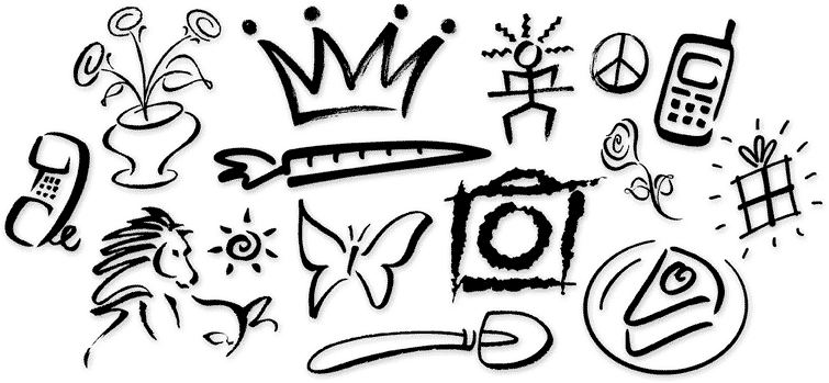 Calligraphy | Spot Illustration | Flowers, Crown, Phone, carrot, Camera, Horse, Shovel, Pie, Butterfly