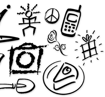Spot Illustrations & Symbols | For various projects in a variety of media | Hoffmann Angelic Design | vase | flowers | phone | crown | carrot | stick man | peace | cell phone | present | rose | cake | shovel | butterfly | sun | horse 