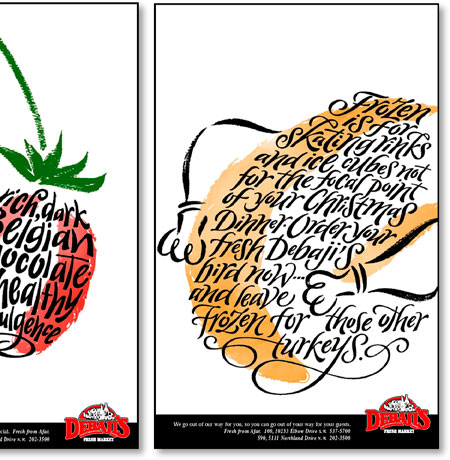 Typographic Illustration | For Gourmet Food Market Advertising Campaign | Debaji's | Hoffmann Angelic Design | fruit basket | turkey | strawberries | luxury | Gourmet | ivan angelic