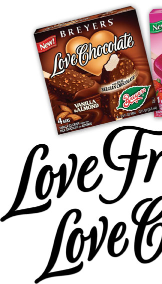 Breyers Love Fruit, Love Chocolate Ice cream | stick | Hoffmann Angelic Design | vanilla almond | berry | lettering | package branding | type design 