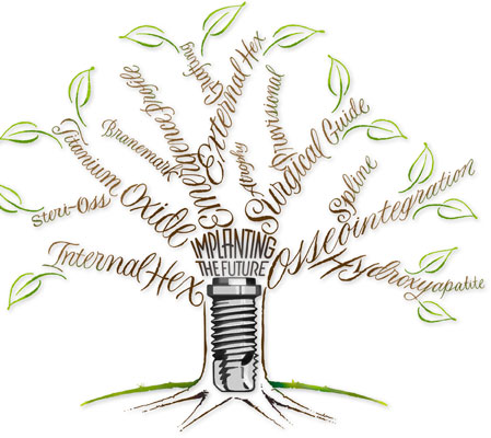 Typographic Illustration | spinning top | magazine | newspaper | tree | implanting the future | leaves | implant dentistry