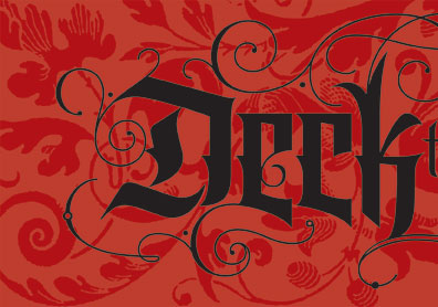 Deck the Halls lettering for Zazzle and Redbubble | red | black | christmas | flourised | flourishes | 26 characters | 26_characters | renaissance | brocade | carol | pillow | card | elegant |goth | black letter | gothic